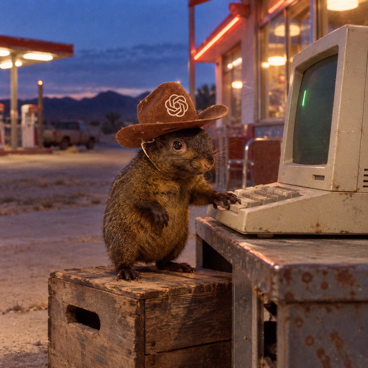 Peanut uses an old computer outside a desert roadside diner at night