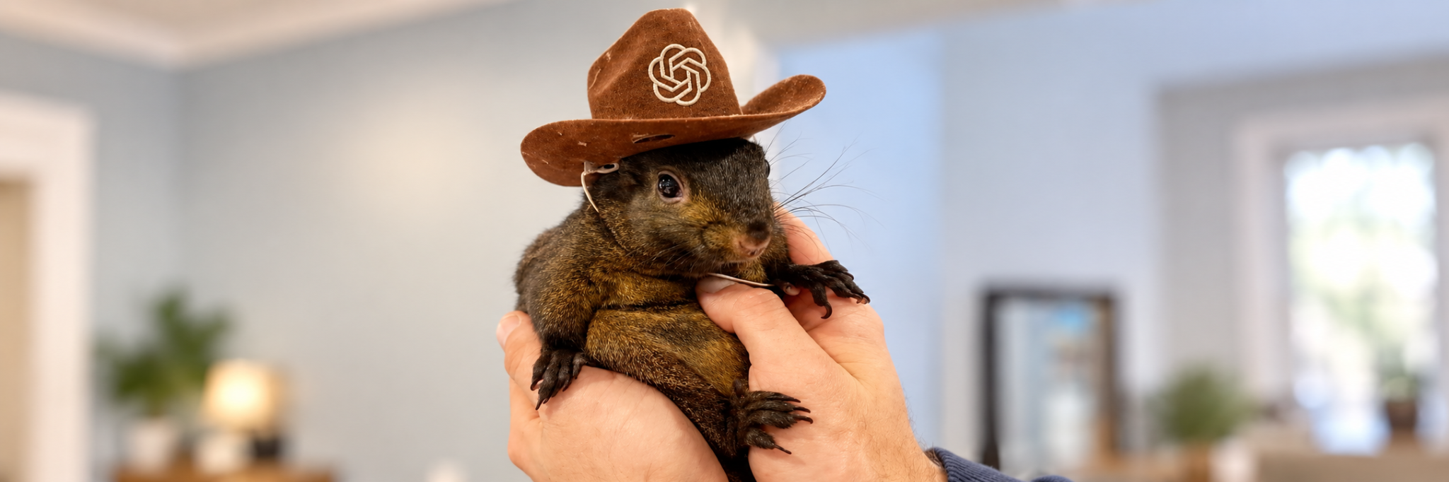 A wide portrait of Peanut wearing the brown cowboy hat