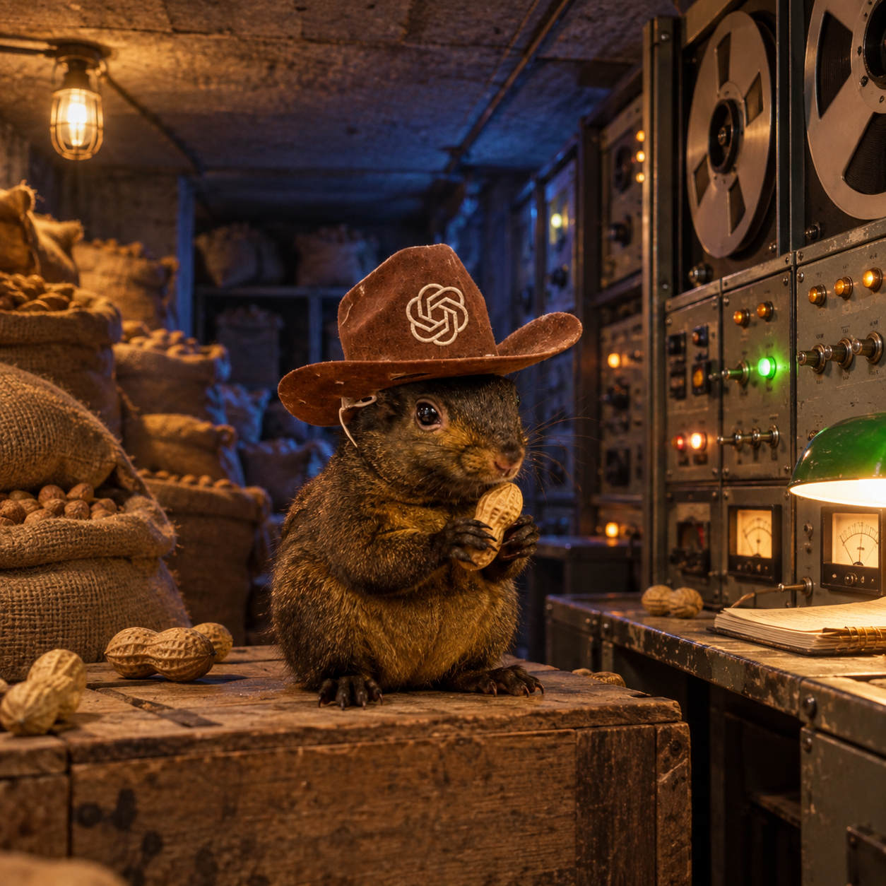 Peanut holds a peanut inside an underground analog computer vault